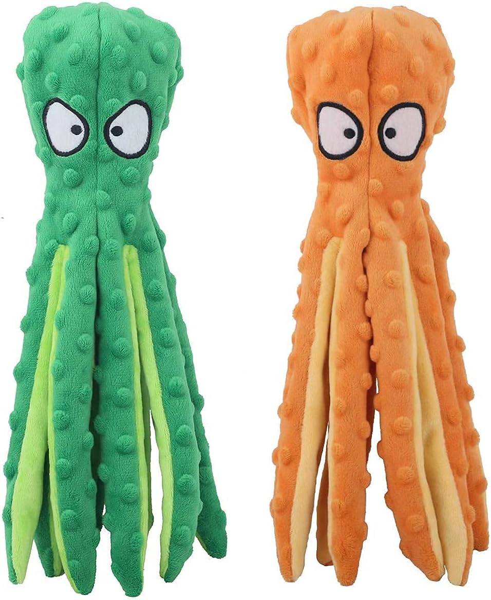 NC Dog Squeak Toys No Stuffing Crinkle Plush Dog Toys for Puppy Teething, Durable Interactive Dog Chew Toys for Small to Medium Dogs Training and Reduce Boredom, 2 Pack (Green+Orange)